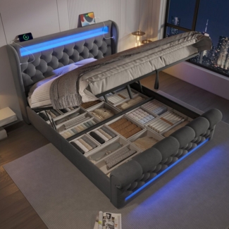 TavilaEcon Boxspringbett LED-Leuchten, Stauraum-Kopfteil mit USB- & Typ-C-Anschlüssen, Samt, Einzelbett, Hydraulisches Stauraumbett, Ohne Matratze, 160x200 cm, grau