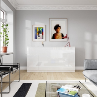 FUFU&GAGA Kommode Weiße Hochglanz-Kommode, Sideboard mit Schubladen, MDF, 3 Größen