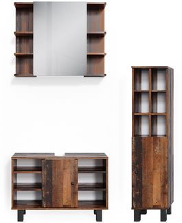 Badmöbel-Set Fynn Eiche rustikal 3 Teile, mit Midischrank Tür groß Vicco