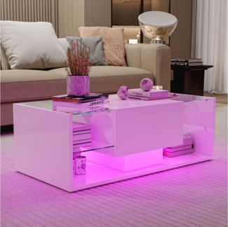 Furnishings Home Couchtisch Ablagetisch LED Beistelltisch Breite 100 cm (Hochglänzender quadratischer, 100 x 50 x 35 cm), Mit Vier Fächer und 16-farbigen variablen LED-Beleuchtung
