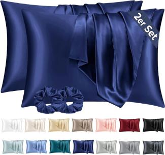 Satin Kissenbezug 40x60 Dunkelblau mit Haargummis 2er-Set