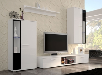 Wohnwand ""Leon"" Anbauwand 4-teilig weiß schwarz hochglanz inkl. Beleuchtung