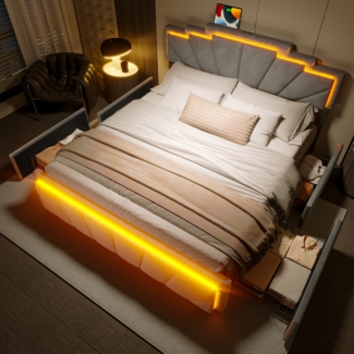 LVHOM Polsterbett 140x200cm mit LED&USB, Doppelbett mit vier Schubladen, Jugendbett mit höhenverstellbarem Kopfteil, Holzbett mit Lattenrost