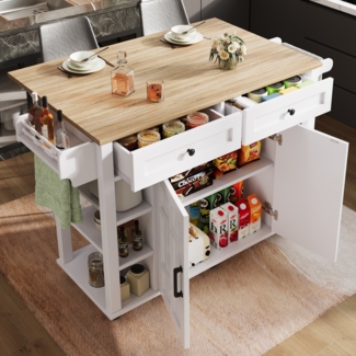 Merax Kücheninsel mit herausnehmbaren Trennwänden, Esszimmerwagen mit Arbeitsplatte, Buffetschrank, Esszimmerwagen mit Holzmaserung, Handtuchhalter beidseitig mit Rollen, weiß