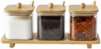 Gewürzbehälter aus Glas mit Bambus-Tablett, Löffeln & Deckeln