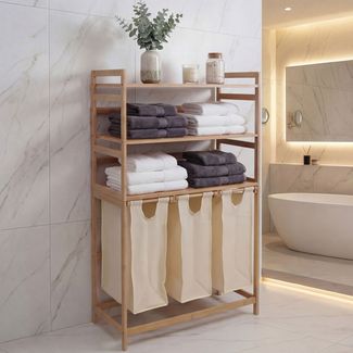 Bambus Wäschesammler HWC-P78, Wäschesortierer Wäschekorb Regal Wäscheorganizer, 3 Ablagen FSC® 125x80x40cm 135L ~ creme