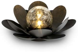 Spetebo LED Solarleuchte LED Solar Lotusblüte schwarz mit Crackleglas Kugel - 24x10 cm, Einschaltautomatik, LED fest integriert, warmweiß, Garten Deko Kugelleuchte im Blumen Design