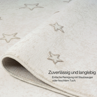 Teppich Kinderzimmer 160x230cm - Pastell Beige Creme - Kurzflor Spielteppich mit Sternen Motiv