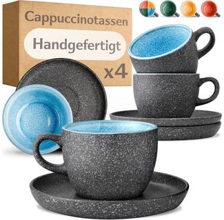Cosumy Cappuccinotasse Cappuccino Tassen mit Untertassen 4er Set blau, 8-tlg, Keramik, Warm