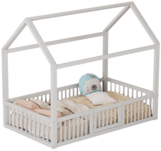TavilaEcon Kinderbett Massivholzbett Flachbett Hausbett aus Kiefer und MDF, mit Türchen und Zaun