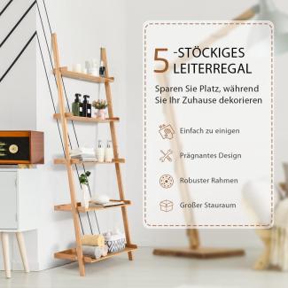 COSTWAY Leiterregal Bambus 5-stufiges Standregal Bücherregal mit Ablagen Treppenregal Lagerregal Badregal Wandlehnregal 64x45x181cm