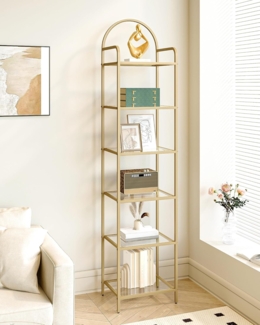 Regal, Bücherregal aus gehärtetem Glas, schlankes Regal für Schlafzimmer, Badezimmer, Heimbüro, Stahlrahmen, 6 Ablagen Gold