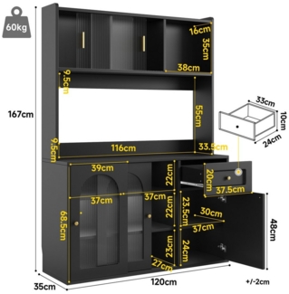 Celya Hochschrank Hochschrank, Vitrinenschrank, Buffetschrank mit Verstellbaren Ablagen Esszimmerschrank, Sideboard mit LED-Beleuchtung