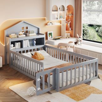Kinder Hausbett aus Massivholz mit Kreidetafel und Stauraum,mit Kopfteilregalen, sicherem Rahmen & kleiner Tür,Grau