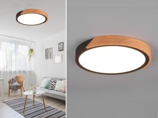 LED Deckenleuchte JANO rund Schwarz mit Holz, 3 Stufen Dimmer, Ø 31cm