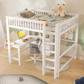 Merax Hochbett, Kinderbett 140x200 cm, Doppelbett mehrere Ablagefächer, Leiter, Schreibtisch, 3 Schubladen, ohne Matratze, Weiß