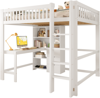 Merax Hochbett, Kinderbett 140x200 cm, Doppelbett mehrere Ablagefächer, Leiter, Schreibtisch, 3 Schubladen, ohne Matratze, Weiß