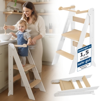Bellabino 'Tay' Lernturm für Kinder ab 1 Jahr, Tritt 2-fach höhenverstellbar, weiß/natur, Birke Sperrholz, klappbar, Tritthocker bis 50 kg belastbar