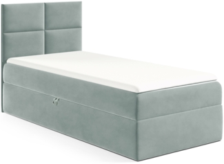 MEBLINI Kinderbett mit Bettkasten MINO 3 100x200 Links – H3/Blaugrau Samt Gepolstert Einzelbett mit Matratze - Polsterbett mit Stauraum - Bett mit Kopfteil – Stauraumbett