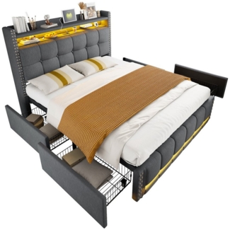 REDOM Polsterbett Jugendbett Stauraumbett Doppelbett Funktionsbett (Funktionsbett mit LED-Beleuchtung, USB-Steckdose, Stauraum und 4 Schubladen, 140x200 cm), ohne Matratze