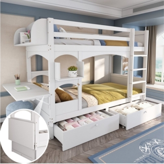 STILVORA Bettgestell 90×200 Jugendbett mit Matratze, Etagenbett mit Tisch & Stauraum (mit Matratze, 90*200), mit klappbarem Schreibtisch,Regal,Leiter und 2 Schubladen,Massivholz