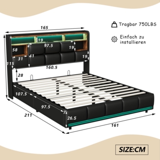160x200cm Schwarzes PU-Bett mit LED-Beleuchtung, Gasdruckfeder & Ladefunktion