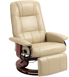 Relaxsessel, Fernsehsessel mit Liegefunktion Fußstütze 360° Drehbar TV-Sessel mit Holzbeine, Kunstleder, Cremeweiß,