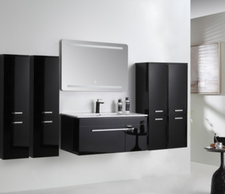 Badmöbel Set 210 cm Schwarz Hochglanz Lackiert Komplett Badschrank 8 Tlg LED