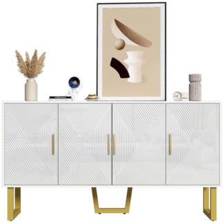 HAUSS SPOLE Sideboard mit 4 hochglänzenden strukturierten Türen und goldenen Griffen, weiß (Kommode, 1 St, 4 Türen), mit hochglänzenden strukturierten Türen und goldenen Griffen