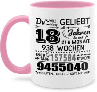 Shirtracer Tasse Endlich 18 - Du wirst von Herzen geliebt, 18. Geburtstag, Besondere, Keramik, 18. Geburtstag Tasse
