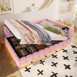 Merax Daybett, Kinderbett, Doppelbett, 140*200cm Tagesbett, Schlafsofa, Bett mit Lattenrost (ohne Matratze), mit LED-Lichtleiste, mit hydraulischem Hebemechanismus, USB-Anschluss, Typ-C, Vliesimitat, Rosa