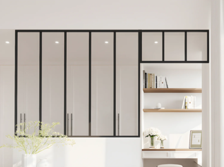 Vente-unique - Atelier-Glaswand mit Oberlicht - thermolackiertes Aluminium - 150 x 130 + 83 x 40 cm - Schwarz - BAYVIEW