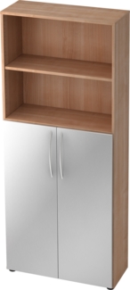 bümö Mehrzweckschrank 80cm breit, Aktenschrank o. Schuhschrank hoch, Regal Schrank-Kombi, Küchenschrank in Nussbaum/Silber aus Holz, Vorratsschrank & Haushaltsschrank mit Metallgriffen, 4770-N-S-BM