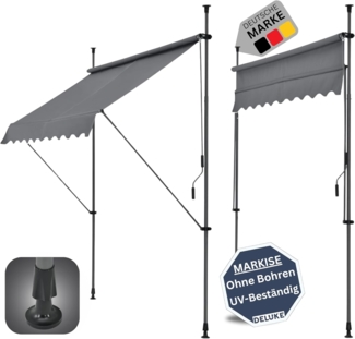 DELUKE® Klemmmarkise 400cm breit - mit Handkurbel Balkonmarkise ohne Bohren Sonnenschutz UV-beständig Sonnenmarkise höhenverstellbar Markise mit Gestell 400x120x200-300cm Grau