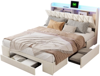 FUROKOY Polsterbett Polsterbett mit Ladefunktion, Stauraumbett, aufklappbares Kopfteil, Doppelbett mit 3 Schubladen, 140/160x200 cm,Beige