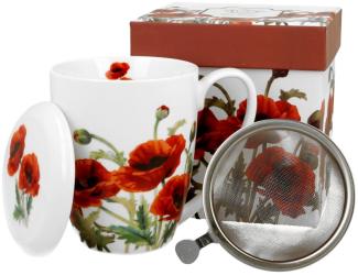 DUO FLORAL Becher 380 ml CLASSIC POPPIES mit Teesieb, New Bone China Porzellan