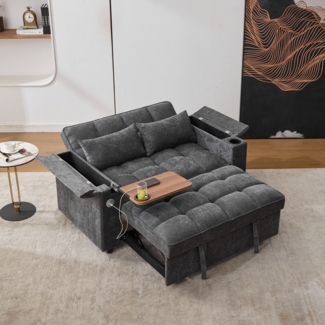 Merax Schlafsofa 3-in-1 Ausziehsofa, mit verstellbarer Rückenlehne, USB-Anschluss, 2-Sitzer sofa Loungesofa Daybed Faltbar Auszug, Ausgestattet mit verstecktem Tisch, Getränkehalter, grau