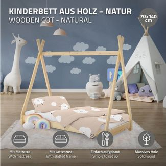 ML-DESIGN Kinderbett Hausbett Tipi Zeltbett inkl. Lattenrost Bodenbett Kinder Himmelbett, Abenteuerbett zum Spielen Zelt Spielbett Kiefer Bettenhaus Bett Natur