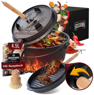 GUSSKÖNIG Grilltopf Premium Dutch Oven Set - Gußeisen BBQ Feuertopf - Outdoor und Indoor, Gusseisen (Schmortopf, mit Füßen für 2-4 Personen), 2-in-1 Kombi – 4,5L Topf und Grillpfanne durch innovativem Deckelheber