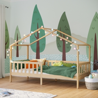 Bellabino 'Bia' Hausbett 90x200 cm, natur, Kiefer Massivholz, Montessori Kinderbett mit Rausfallschutz und Lattenrost