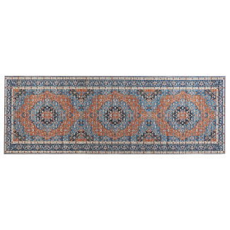 Teppich blau orange 70 x 200 cm orientalisches Muster Kurzflor MIDALAM