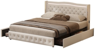 FUROKOY Stauraumbett LED Polsterbett Doppelbett mit 4 Schubladen (Set, 1-tlg, Getufteten Knöpfen Kopfteil mit USB-Ladeanschluss), Funktionsbett Bettgestell mit Lattenrost, Weiß, PU, 140x200cm