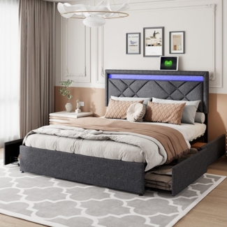 Furnishings Home Stauraumbett Polsterbett Doppelbett inkl. LED & Ladefunktion (Jugendbett, Verstellbare Kopfteilhöhe), Mit LED-Beleuchtung, USB + TYPE-C, Schubladen, Leinen, 160x200 cm