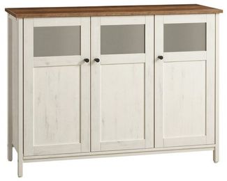 VASAGLE Küchenschrank mit Sichtfenster, Aufbewahrungsschrank im Industrie-Stil, für Esszimmer, Stahlrahmen, braun-weiß