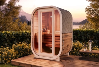 FinnTherm Fasssauna Ellipso S Fasssauna 1 Sitzbänke aus Holz Sauna mit 42 mm Wandstärke Außensauna mit Montagematerial