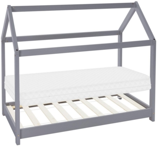 ML-DESIGN Spielbett Hausbett Kinderbett inkl. Lattenrost kreativ Bodenbett für Kinder, Abenteuerbett, Haus Bett Himmelbett Kiefer Jugendbett Hellgrau