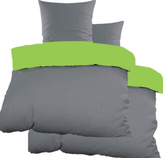 KH-Haushaltshandel Bettwäsche 4tlg. Renforce Wende Bettwäsche 2x(135x200+80x80 cm), uni, Renforcé, 4 teilig, eine Seite grau, die andere Seite grün, 100% Baumwolle