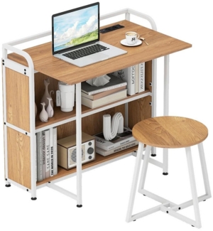 COSTWAY Schreibtisch (mit Hocker), mit Steckdose, Klapptisch Beistelltisch Metall