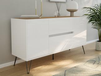 Raumwunder Sideboard Kommode Maya 140cm 2 Greif-SoftClose 2 Türen Weiß/Eiche Top : Weiss hochglanz / Oak Gold