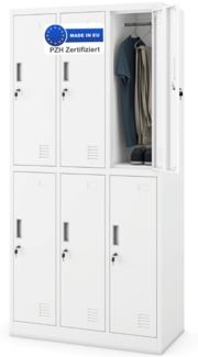 Umkleideschrank Spind TOKIO - 6 Abteile, Etikettenhalter Lüftungsschlitze | Umkleidespind Schließfachschrank Garderobenspind, 185x90x45cm Weiß
